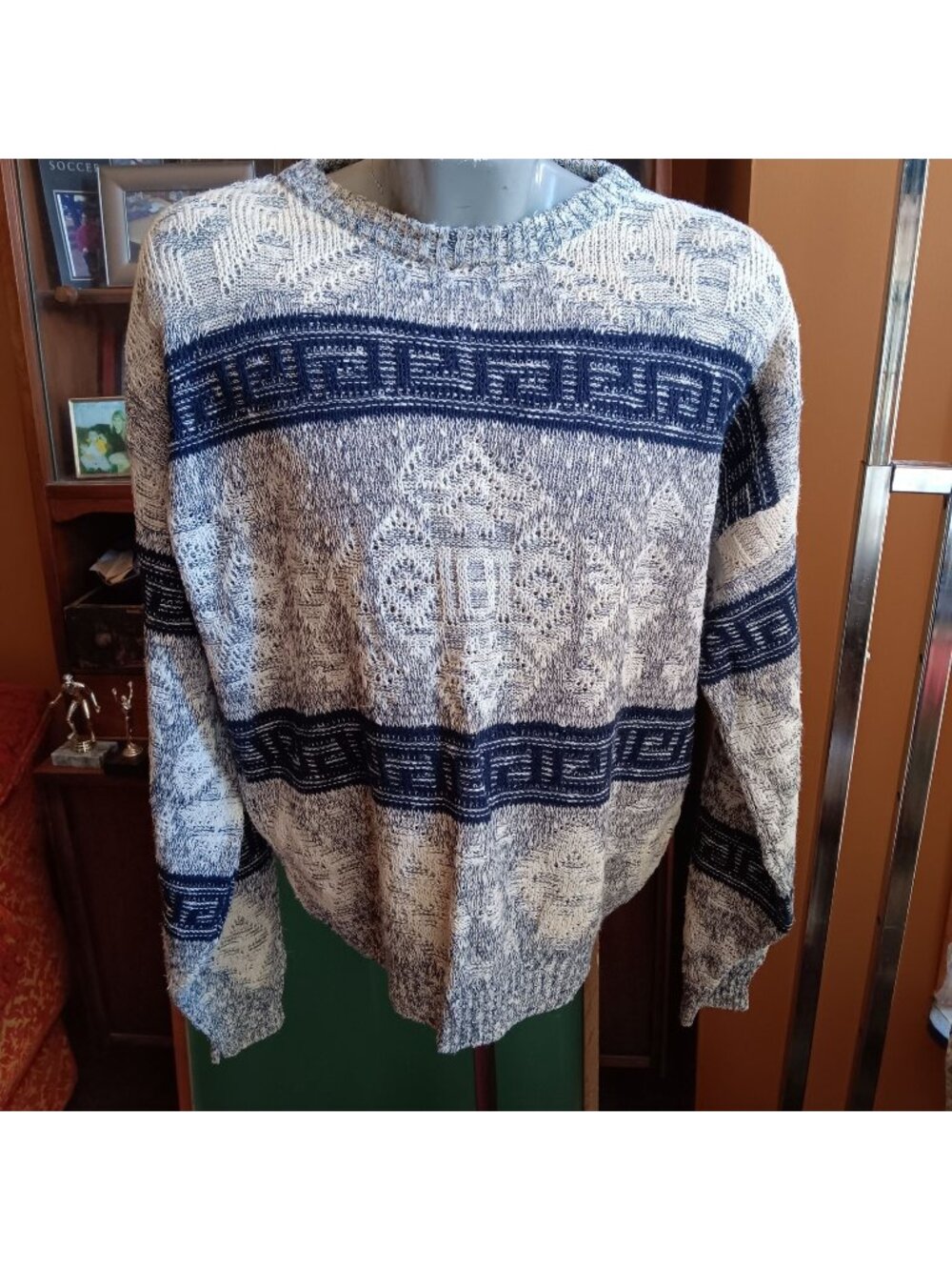 Vintage Ugly Greek Sweater XL 1990s Bask Superior Knit Geometric Crewneck Ramie